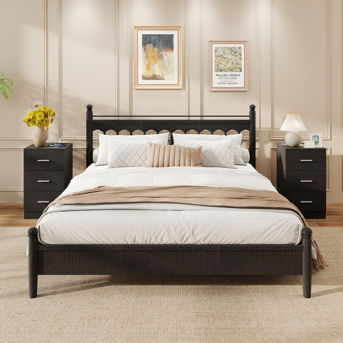Set of 2 Nightstand with Charging Station End Table with 3 Storage Drawers Bedside Table