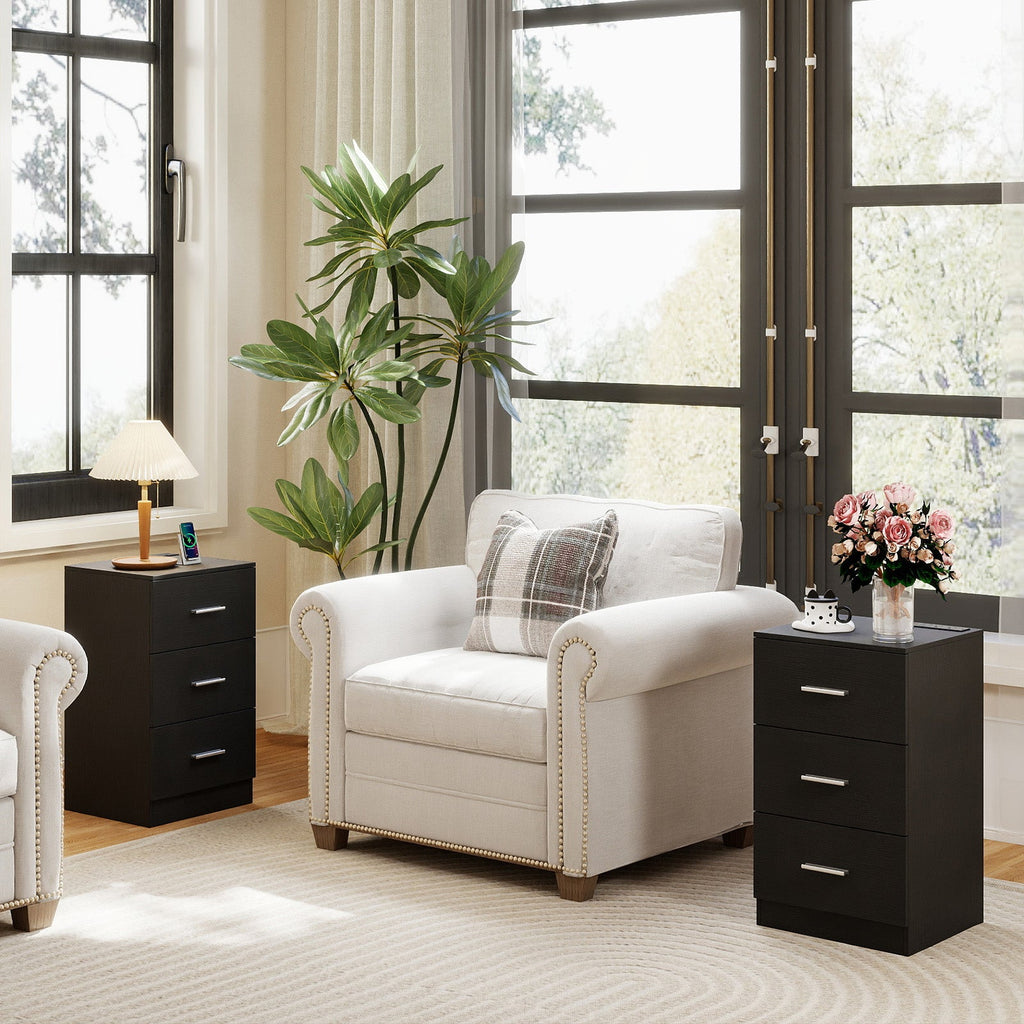 Set of 2 Nightstand with Charging Station End Table with 3 Storage Drawers Bedside Table