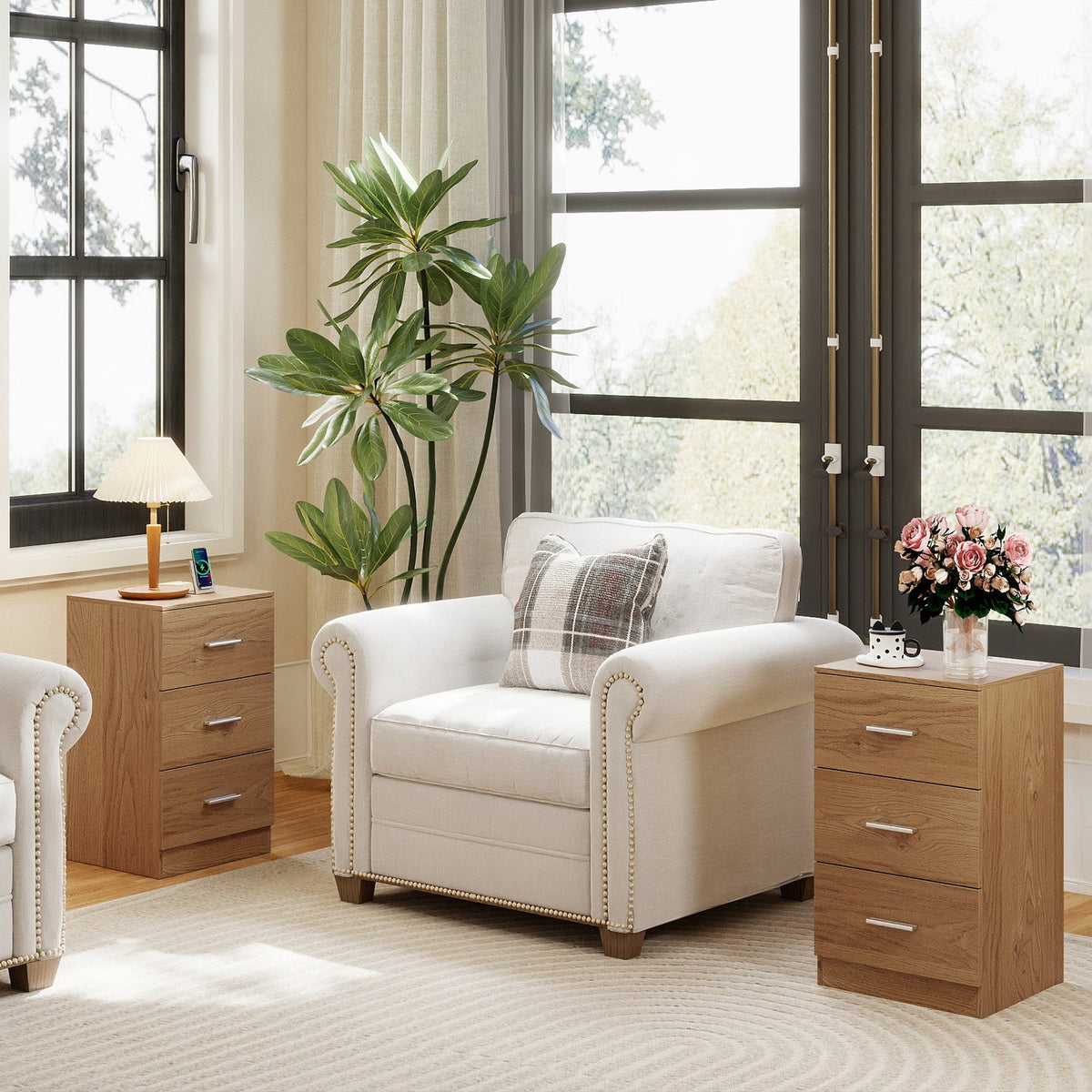 Set of 2 Nightstand with Charging Station End Table with 3 Storage Drawers Bedside Table