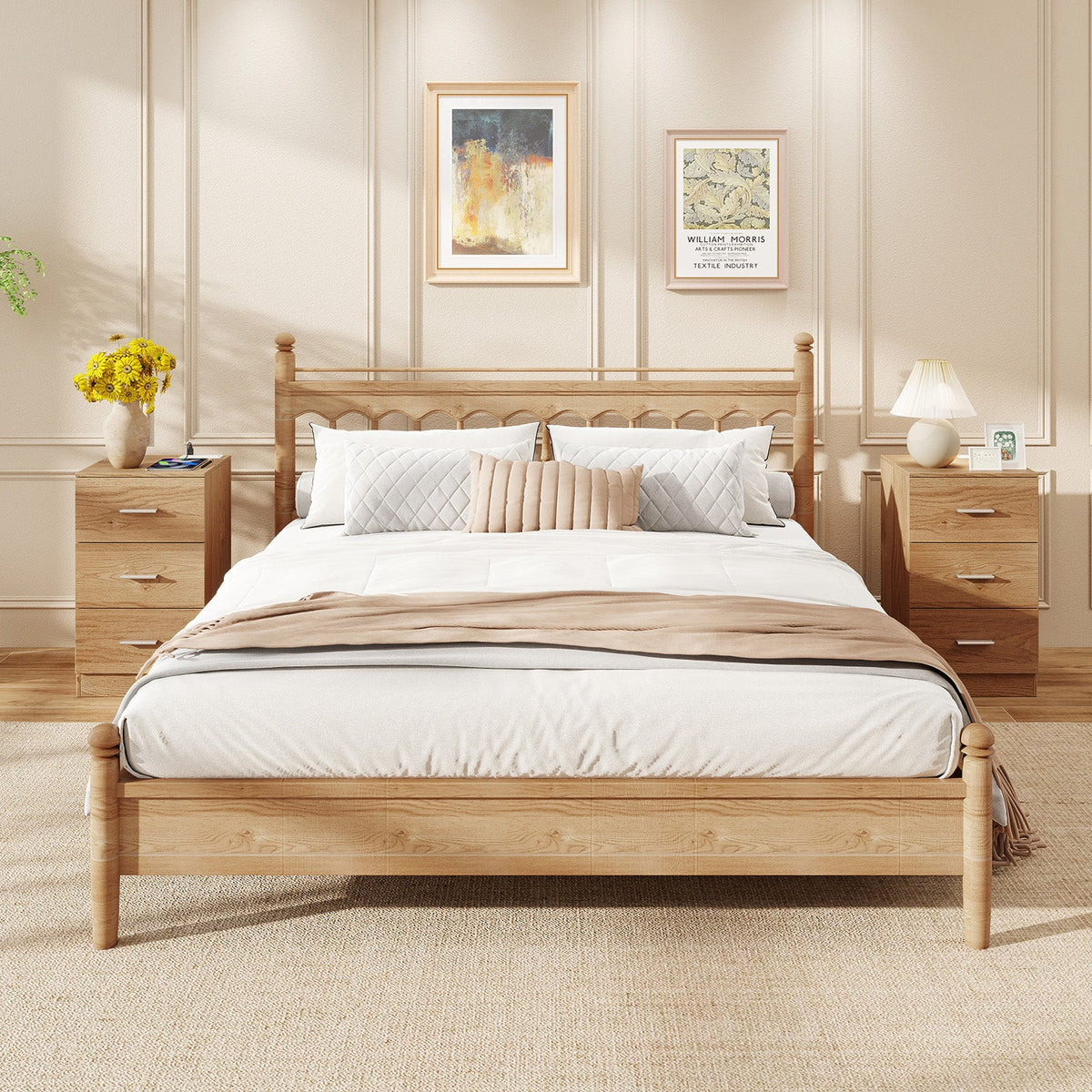 Set of 2 Nightstand with Charging Station End Table with 3 Storage Drawers Bedside Table