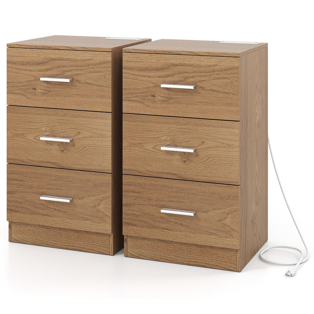 Set of 2 Nightstand with Charging Station End Table with 3 Storage Drawers Bedside Table