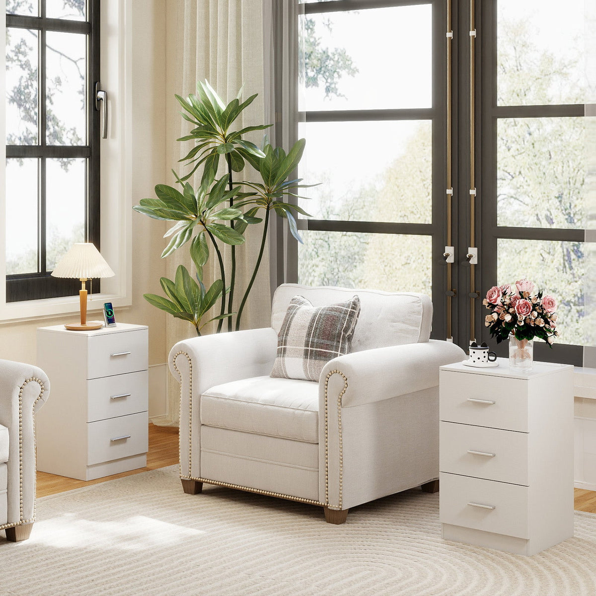 Set of 2 Nightstand with Charging Station End Table with 3 Storage Drawers Bedside Table