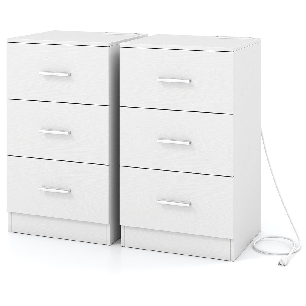 Set of 2 Nightstand with Charging Station End Table with 3 Storage Drawers Bedside Table