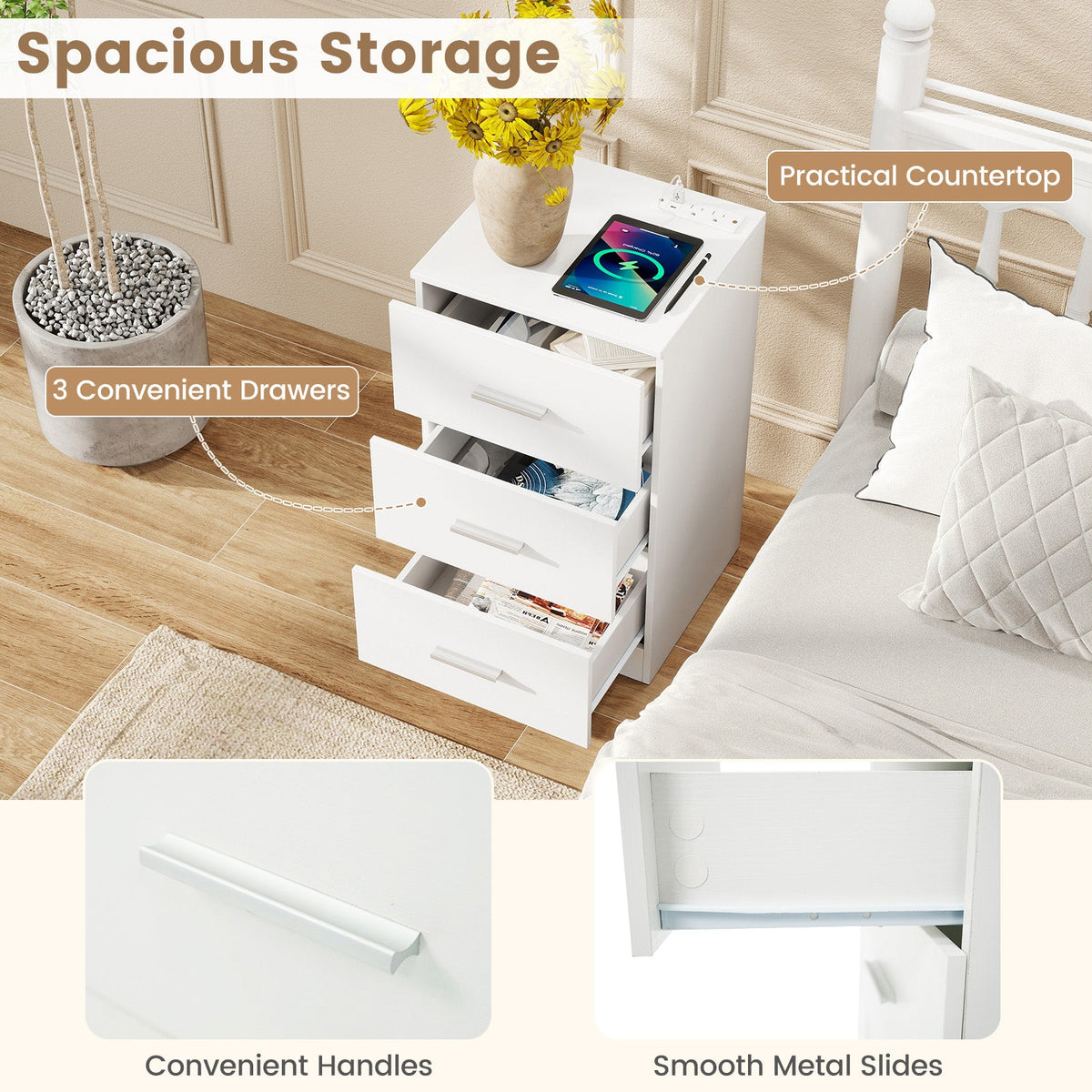 Set of 2 Nightstand with Charging Station End Table with 3 Storage Drawers Bedside Table
