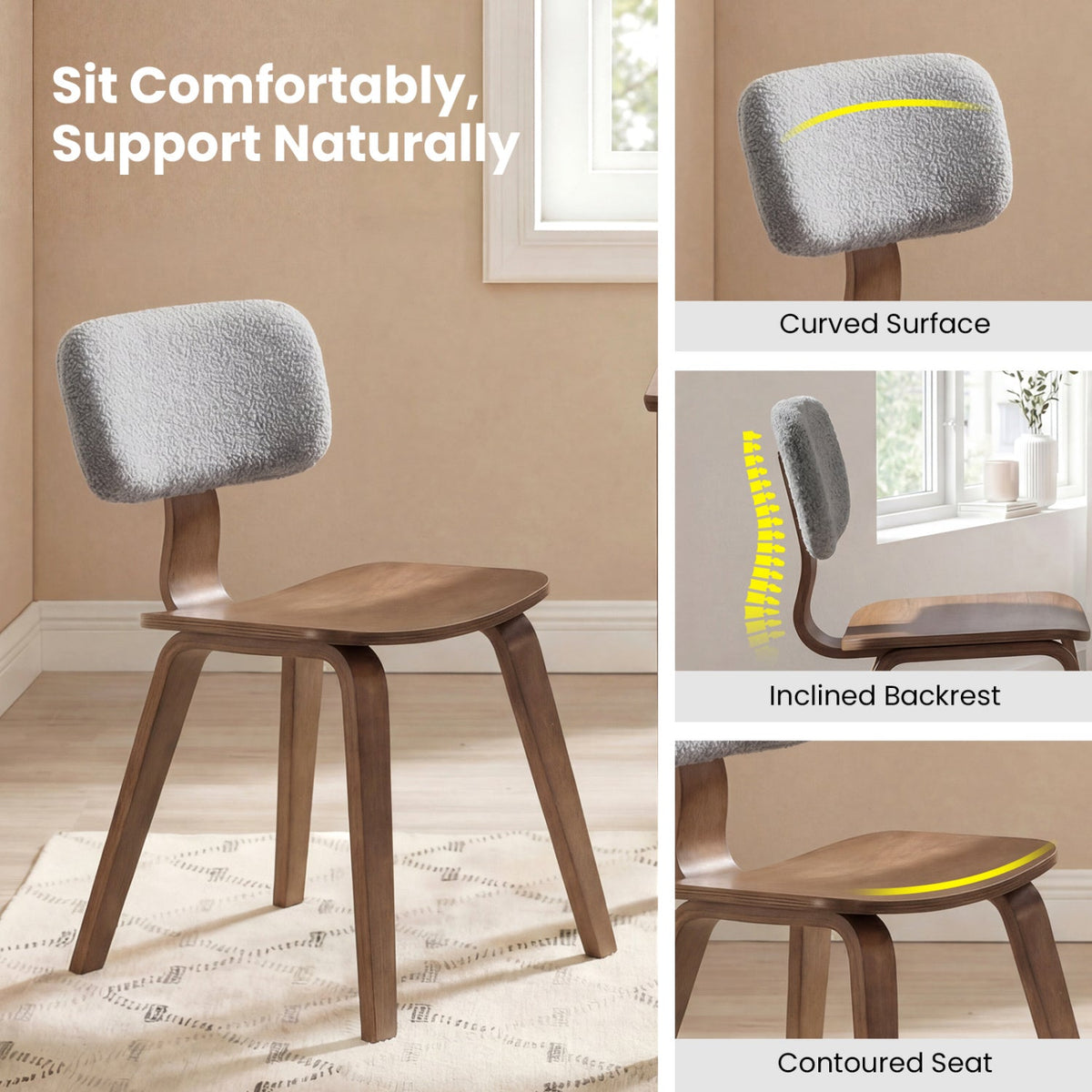 Set of 2 Rubber Wood Dining Room Chairs with Teddy Velvet Padded Backrest