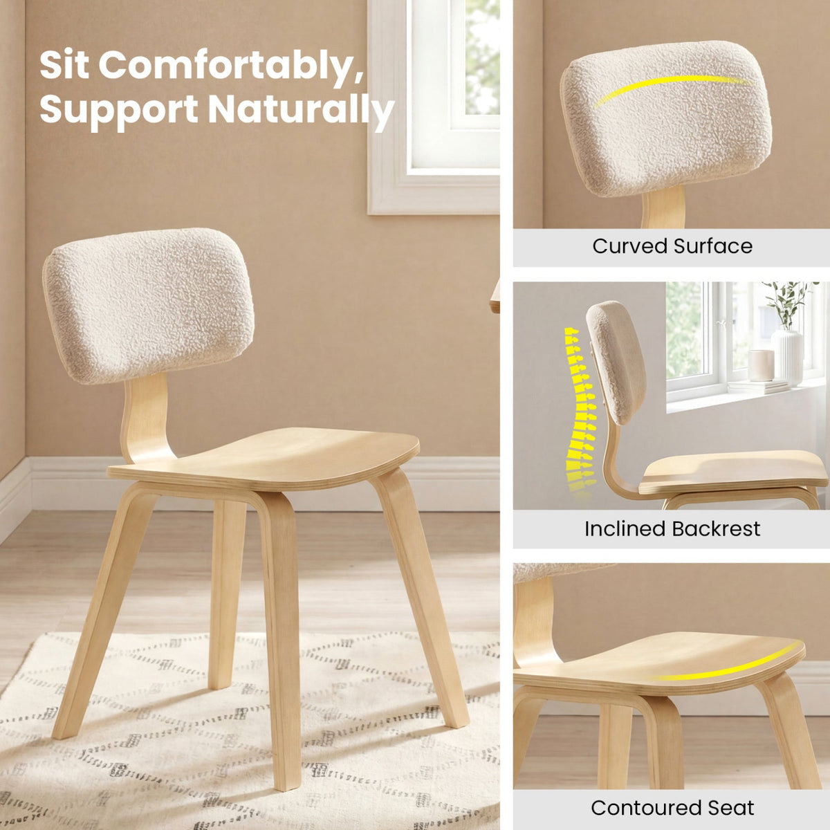 Set of 2 Rubber Wood Dining Room Chairs with Teddy Velvet Padded Backrest