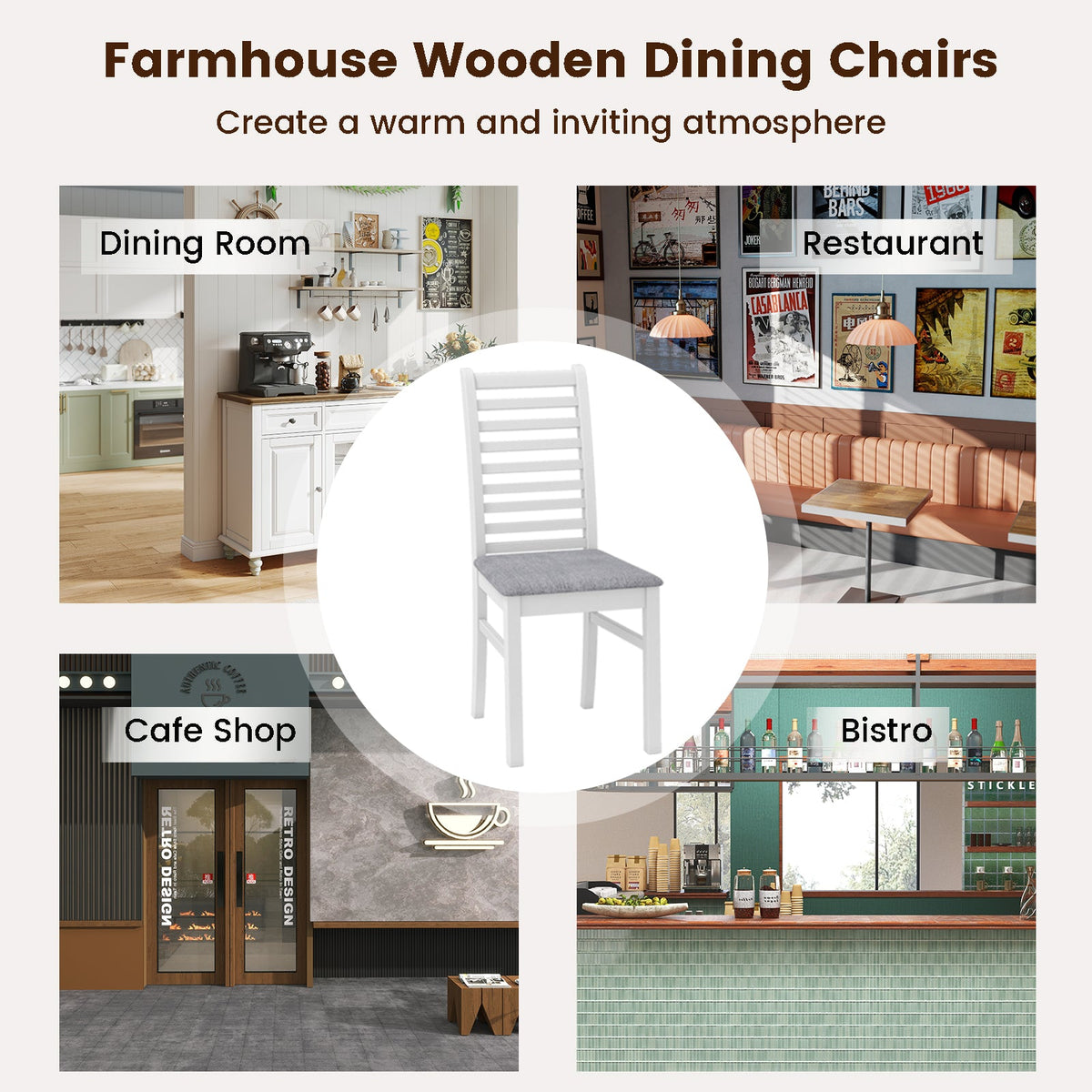 Set of 2 Wooden Dining Chairs with Rubber Wood Legs