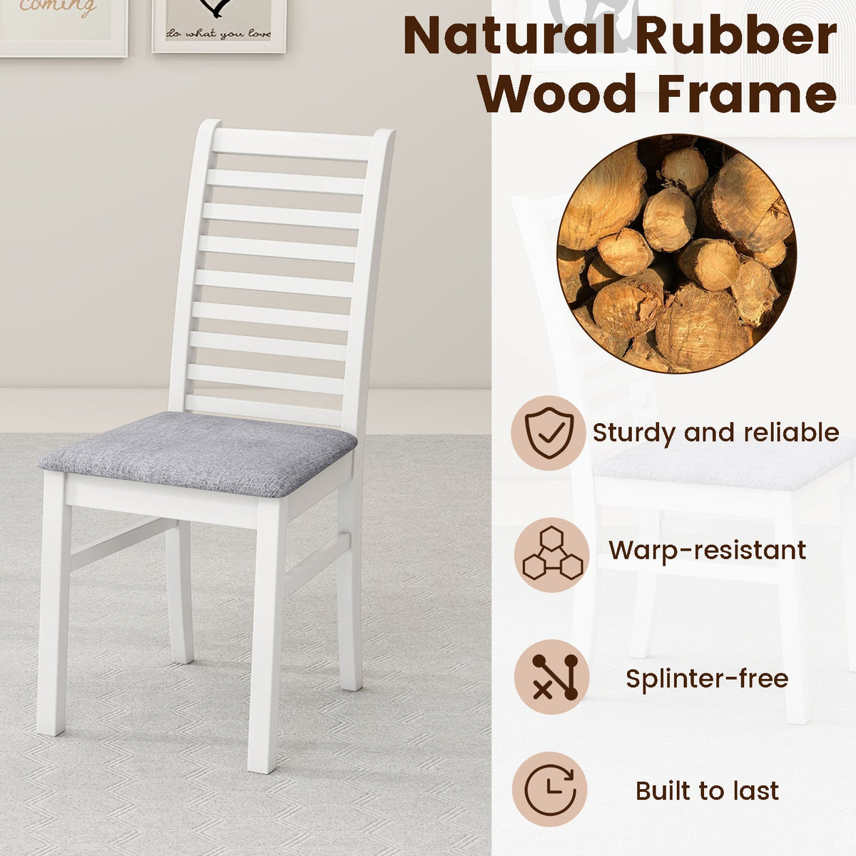 Set of 2 Wooden Dining Chairs with Rubber Wood Legs
