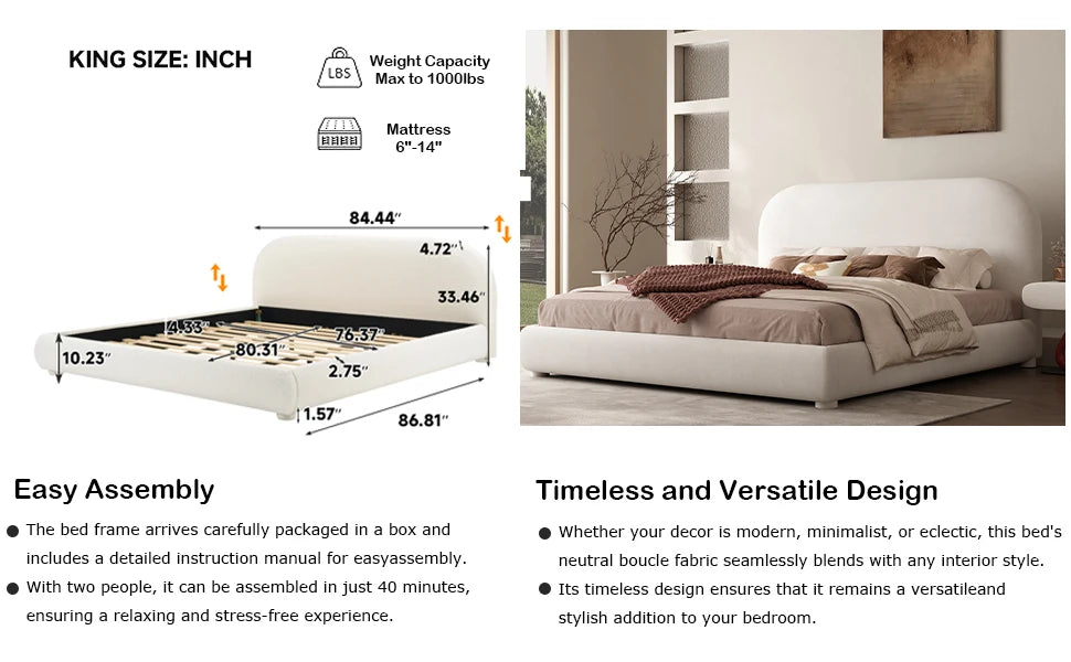 Queen Size Boucle Bed Frame, Upholstered Cloud Bed Frame with Headboard, Soft Platform Bed Frame with Thickened Footboard, Rounded Corners, No Box Spring Required