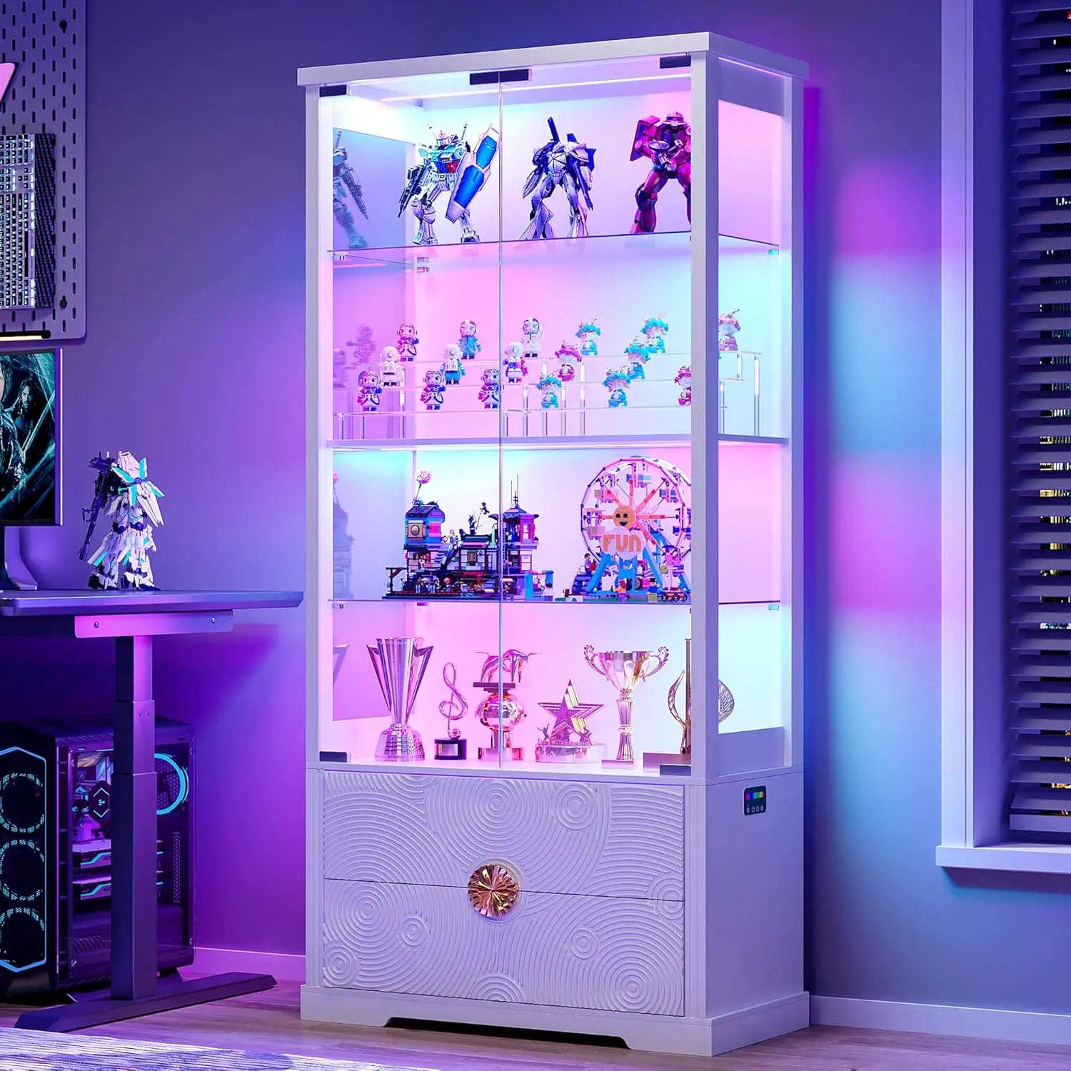 RGB Glass Display Cabinet with Door, 4-Tier Curio Cabinet