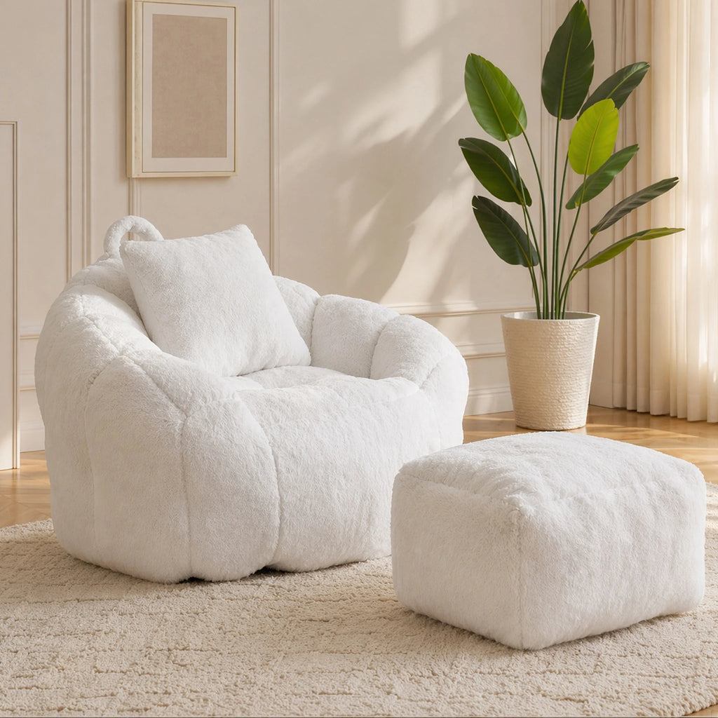 Bean Bag Chair with Ottoman, Comfy Bean Bag Chairs with Memory Foam Filled, Fluffy Beanbag Sofa with Dutch Velvet Cover, Teardrop BeanBag Chairs for Living Room, Playroom