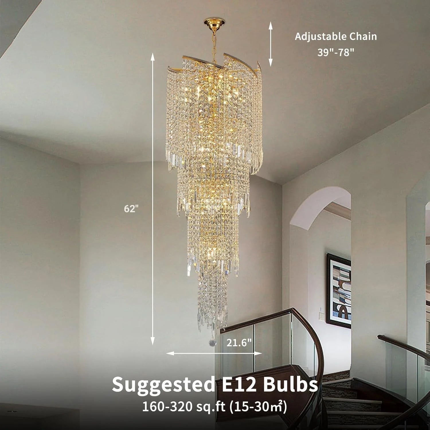 Large Spiral Crystal Beaded Chandelier for High Ceiling