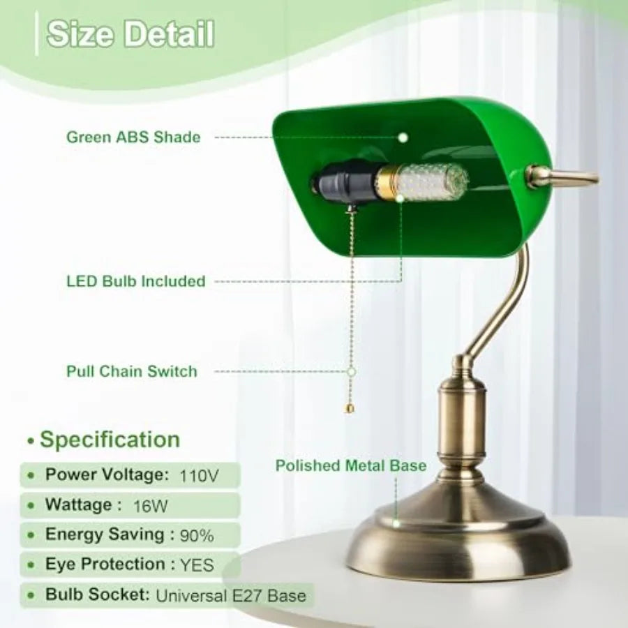 Bankers Lamp, Green Desk Lamp with Pull Chain Switch
