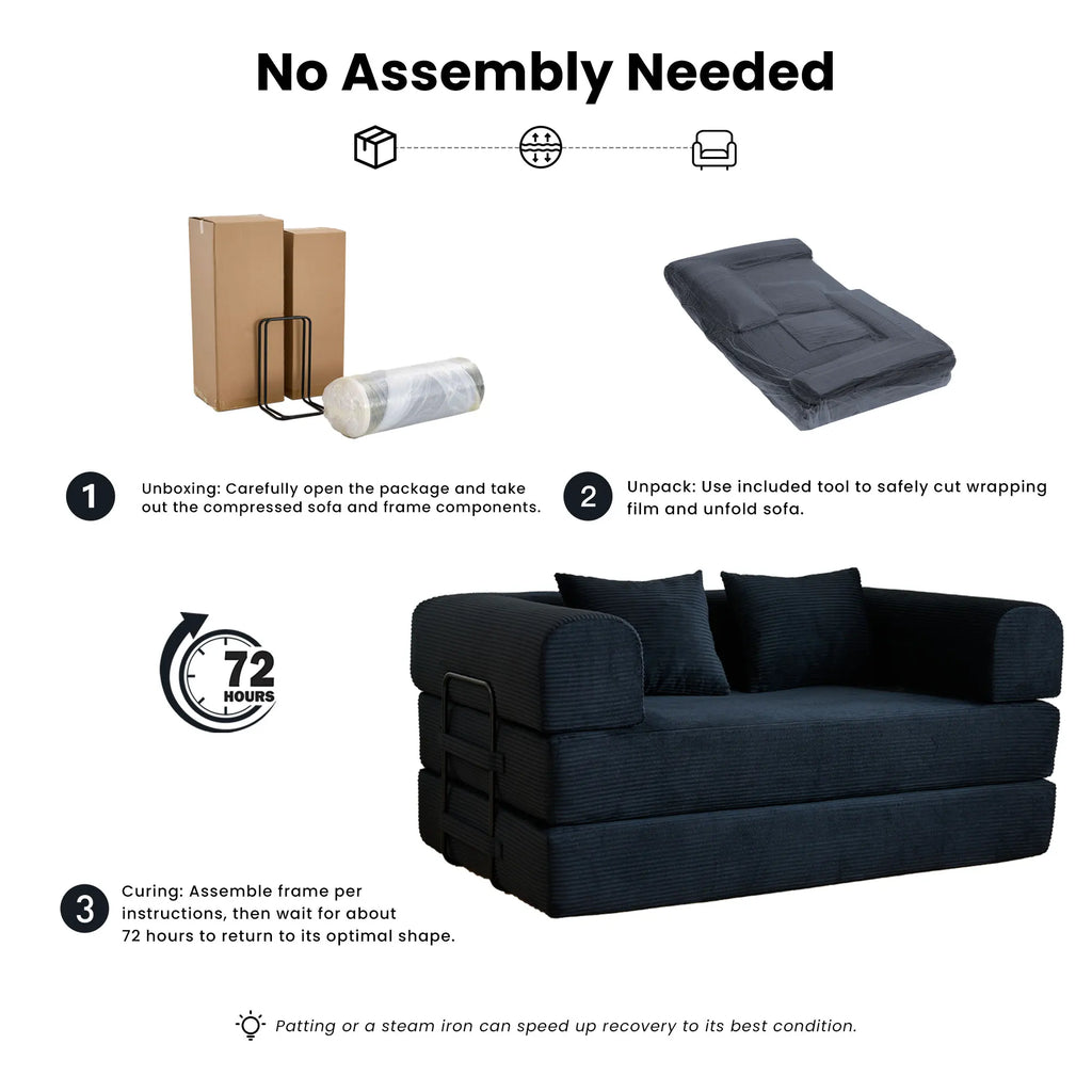 59" Boneless Folding Convertible Sofa Bed, Small 2-Seater Corduroy Futon Floor Couch