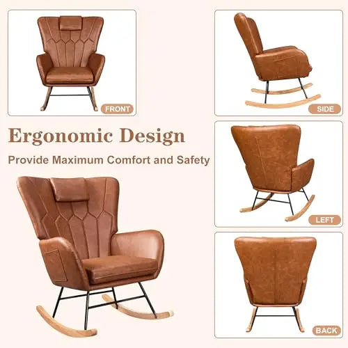 Brown Leather High-Back Rocking Armchair With Quilted Backrest