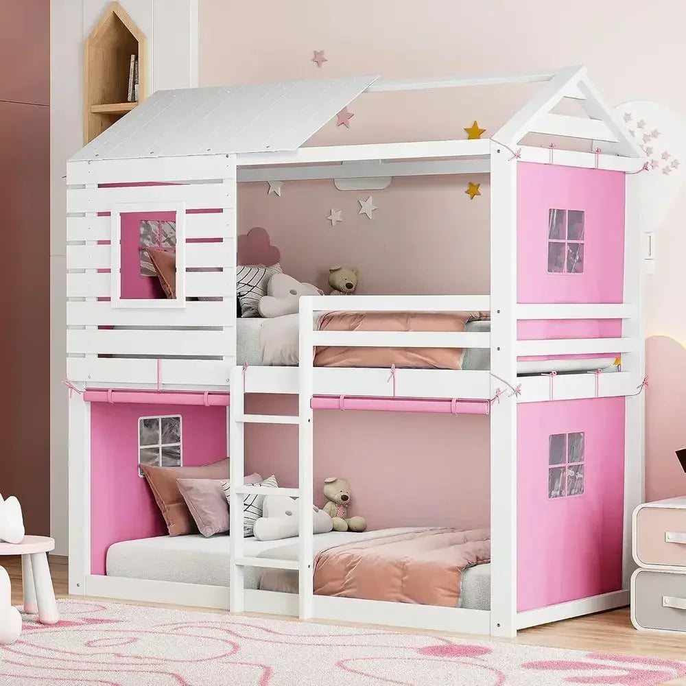 Twin Size Bunk Bed with Tent and Windows,