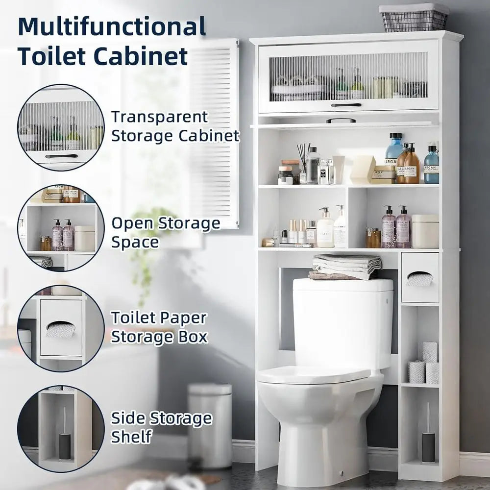 White Transparent Door Over-the-Toilet Storage Cabinet