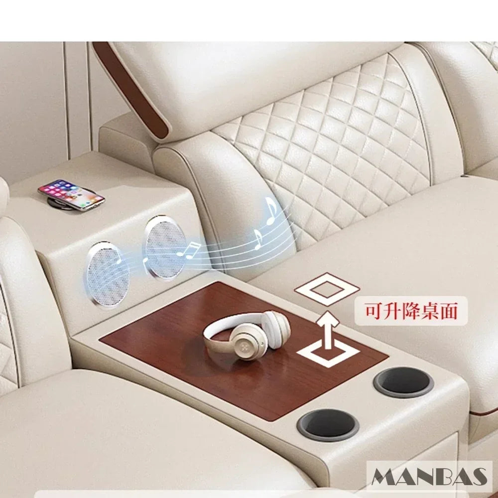 Premium Italian Genuine Leather Sofa Set  Adjustable Headrests, Bluetooth Speaker, Wireless Charger
