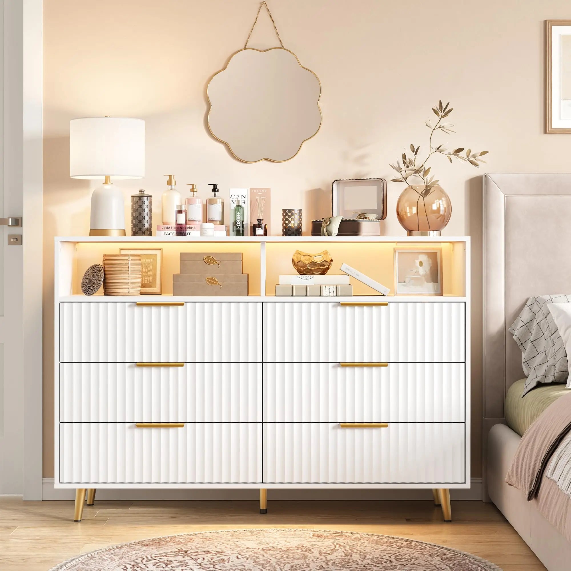 Modern Curved Fluted Wood Dresser With 6 Drawers LED Lights And Charging Station Room