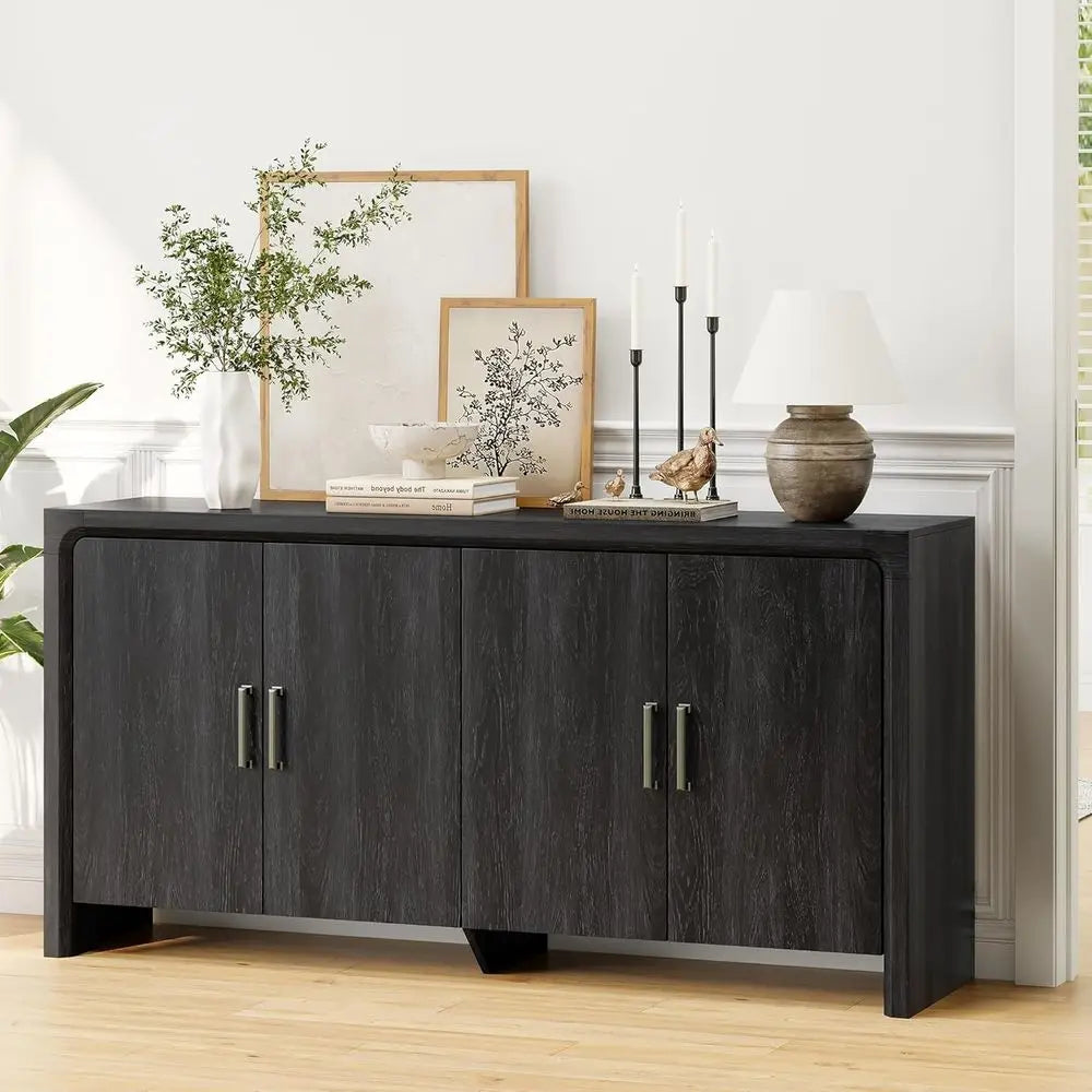 63 Contemporary Wood Sideboard with Adjustable Shelves, 4 Doors, Suitable for Coffee Bar, Kitchen, Living Room, Hallway, Black