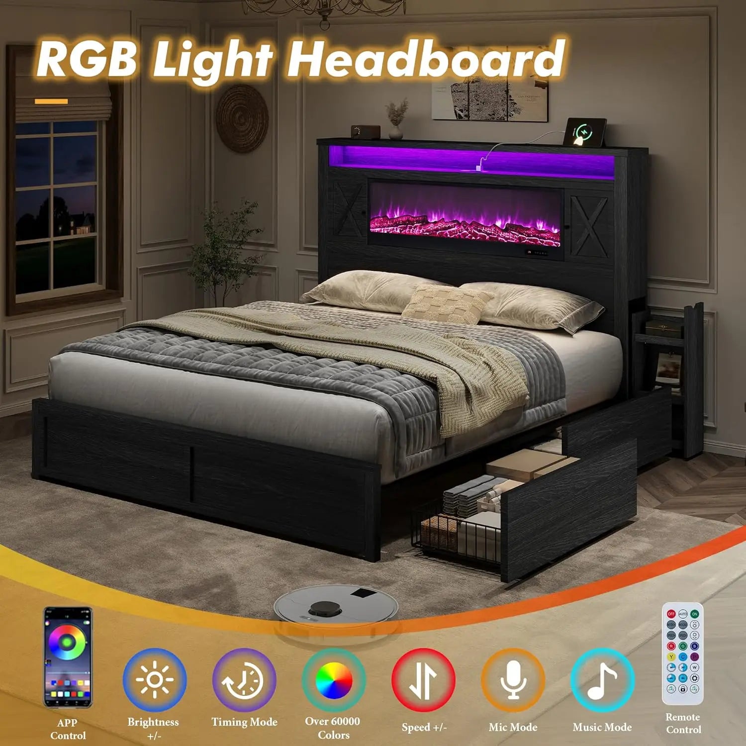 Queen Fireplace Platform Bed with Headboard 4 Drawers RGB LED Charging