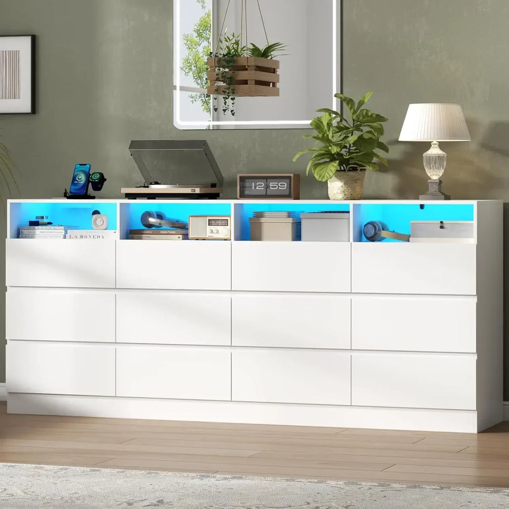 High Quality Postmodern Luxury 12 Drawer White Dresser With Led Lights & Charging Station