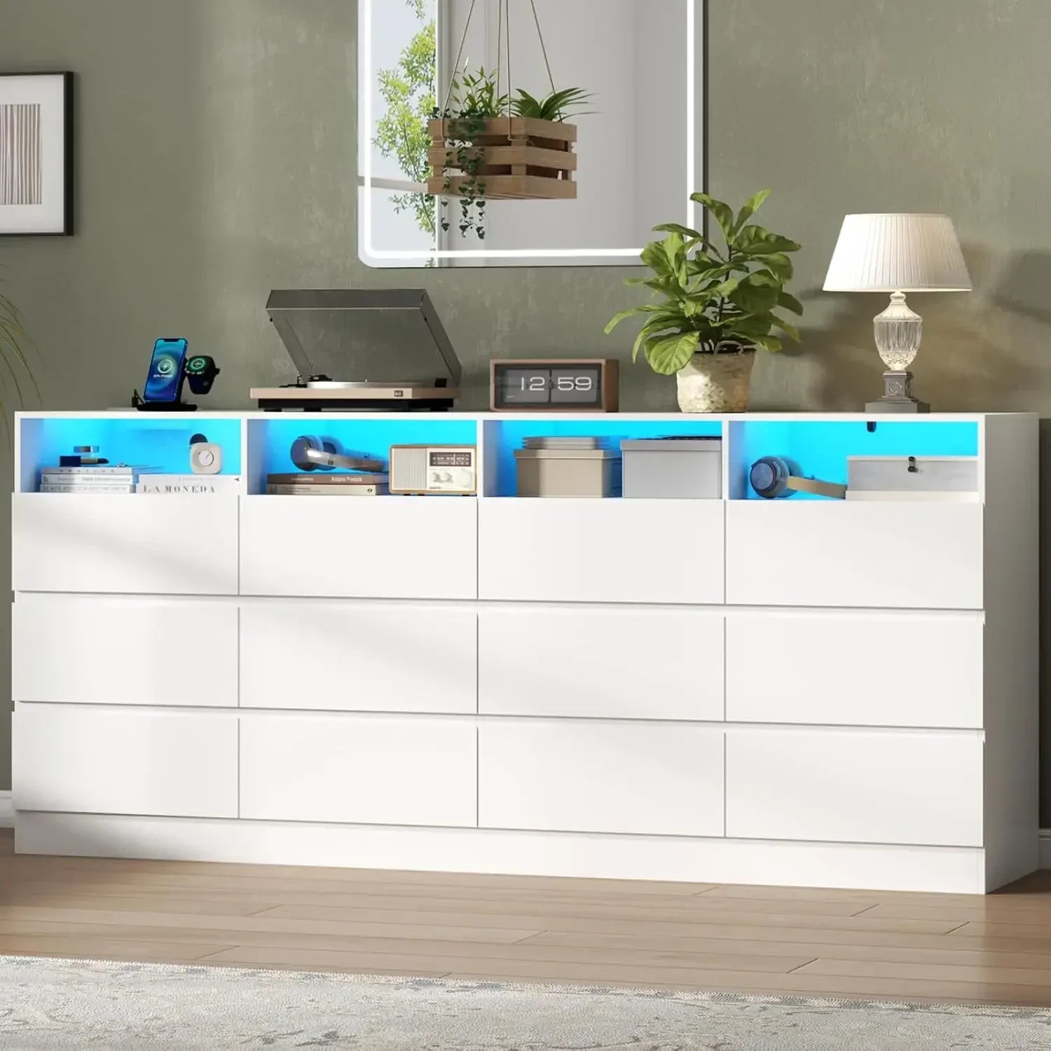 High Quality Postmodern Luxury 12 Drawer White Dresser With Led Lights & Charging Station