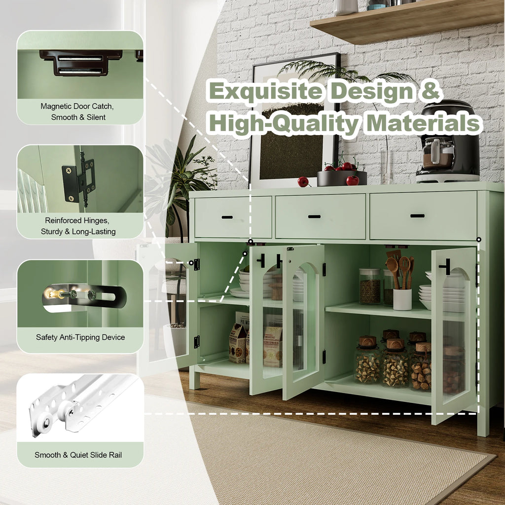 54.4" Sideboard Buffet Cabinet with Storage, Farmhouse Credenza with 3 Drawers & 4 Arched Fluted Glass Doors, Kitchen Coffee Bar for Dining Room, Living Room (Green)