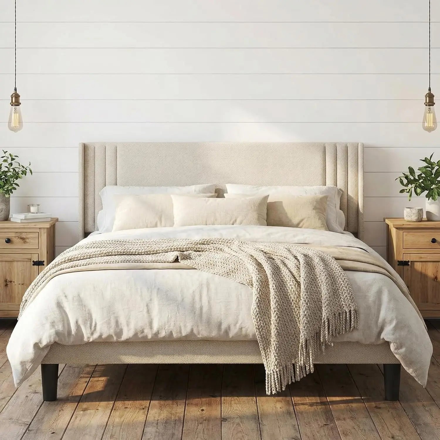 Queen Bed Frame with Wingback Headboard, Upholstered Platform Bed, Wooden Slats, Noise-Free, No Box Spring Needed,, Customized