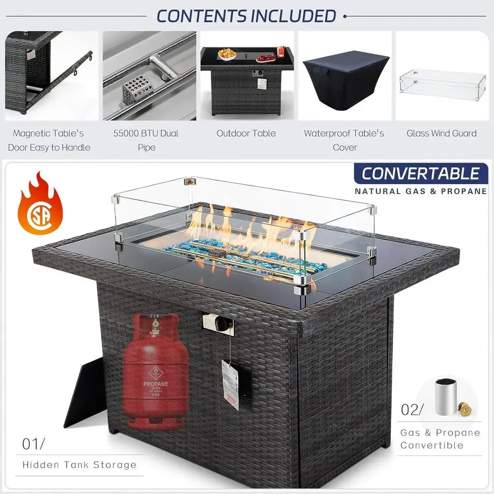 7 Piece High Back Outdoor Sectional Set with Fire Pit Table