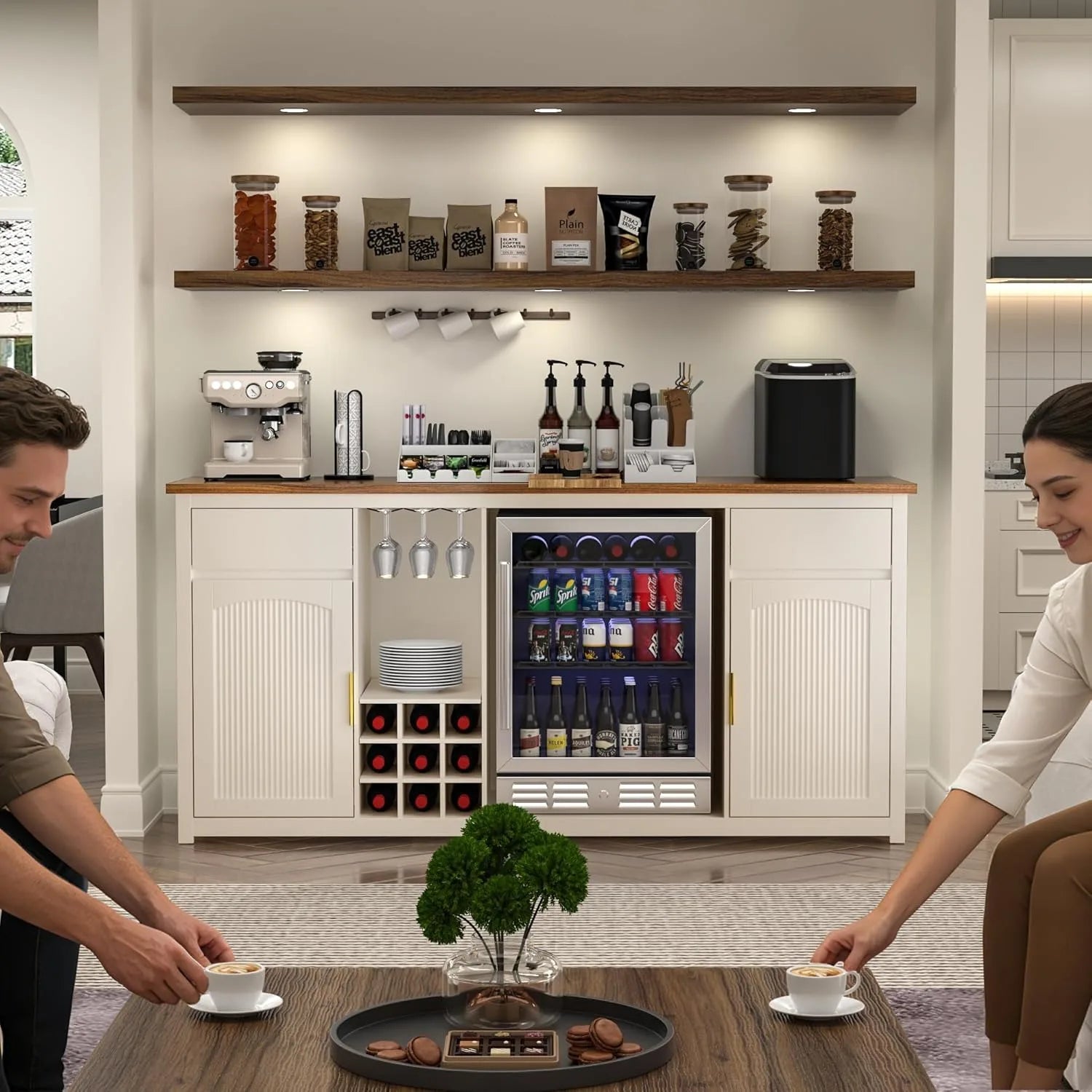 Extra Long Bar Cabinet with Fridge Space Wine Liquor Storage