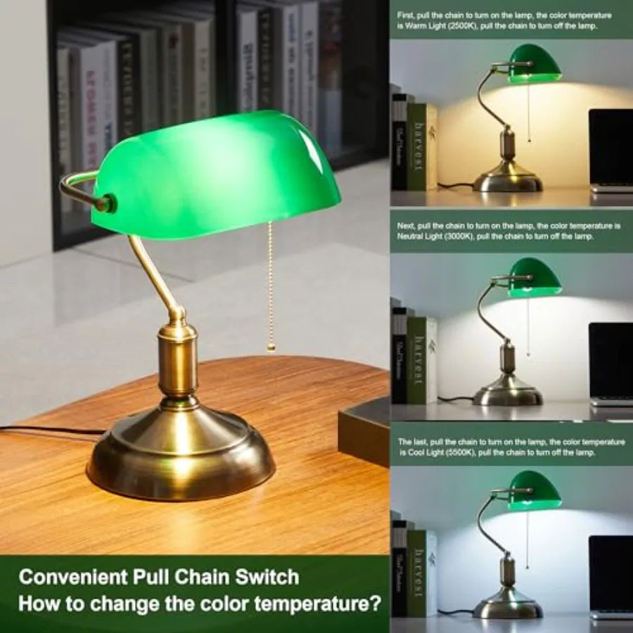 Bankers Lamp, Green Desk Lamp with Pull Chain Switch