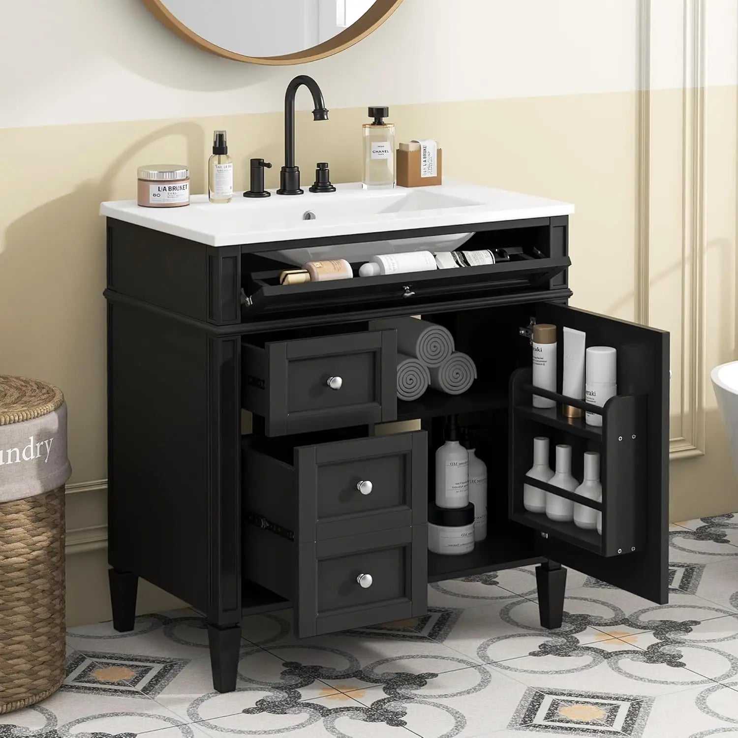 30" Bathroom Vanity Ceramic Sink Modern Freestanding Storage