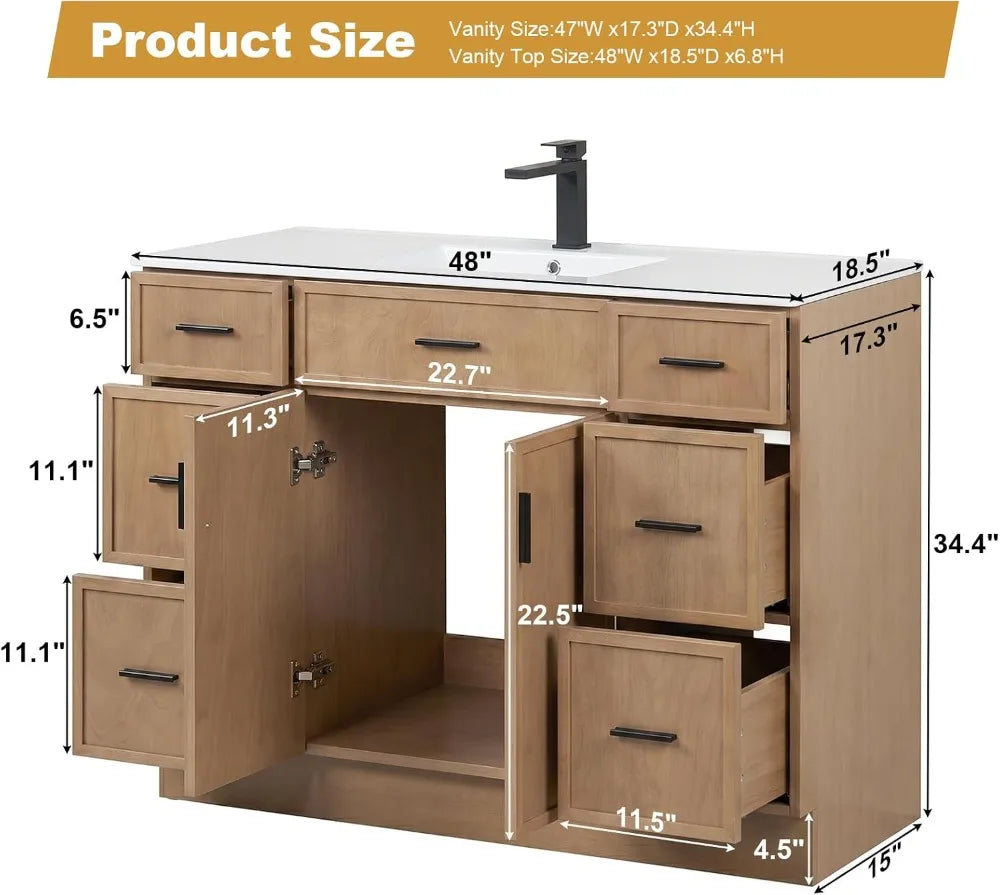 48" Bathroom Vanity with Sink, 6 Drawers 2 Doors, Freestanding, Ceramic Basin, Floor Standing Storage