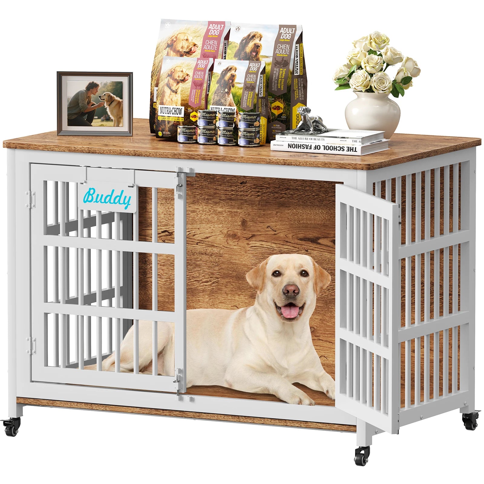 Dog Crate Furniture with Casters, Heavy Duty Dog Kennel