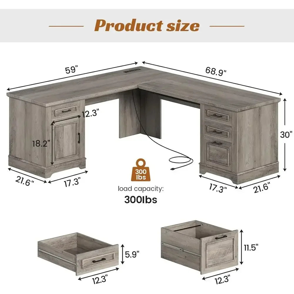 L-Shaped Office Desk with Drawers, Storage, and Power Outlet in Grey