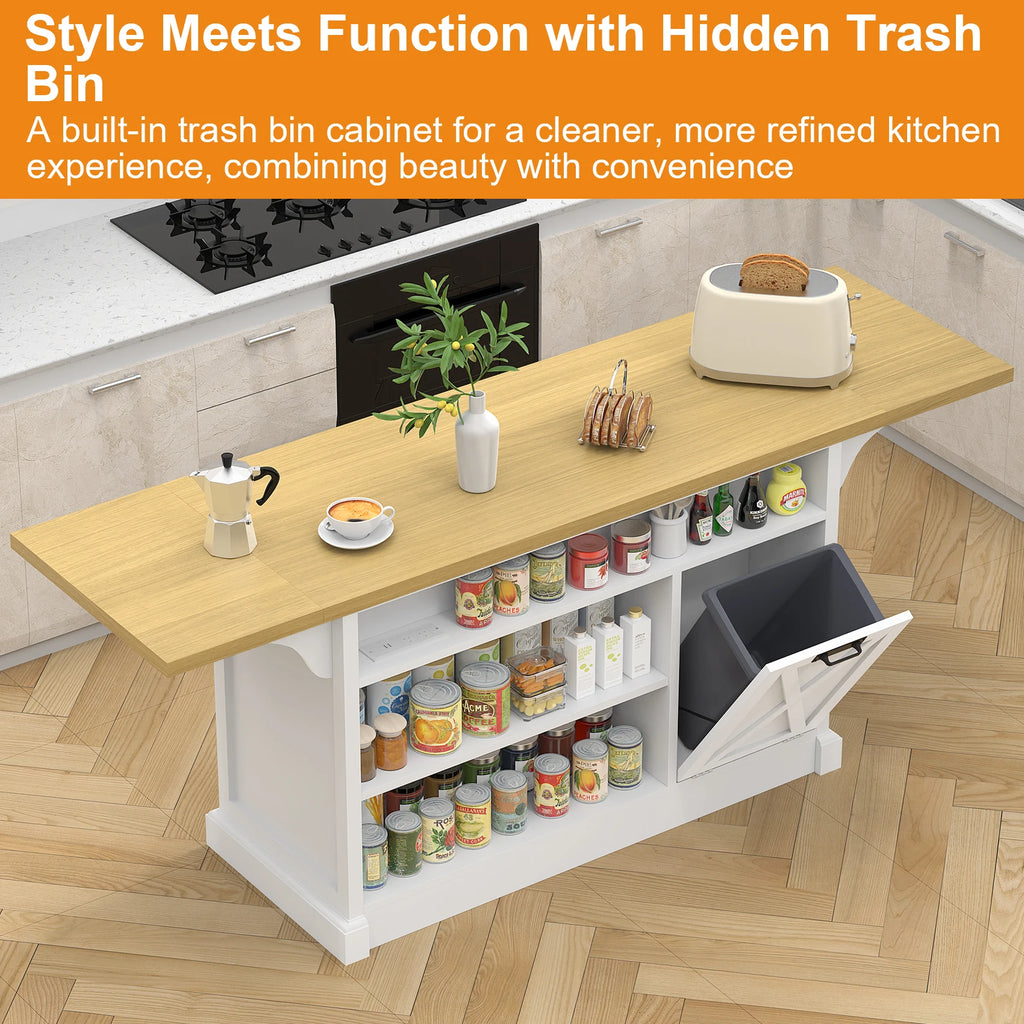 73" Large Kitchen Island Cart with Trash Storage Cabinet, Power Outlet, Drop Leaf, Island Table for Kitchen