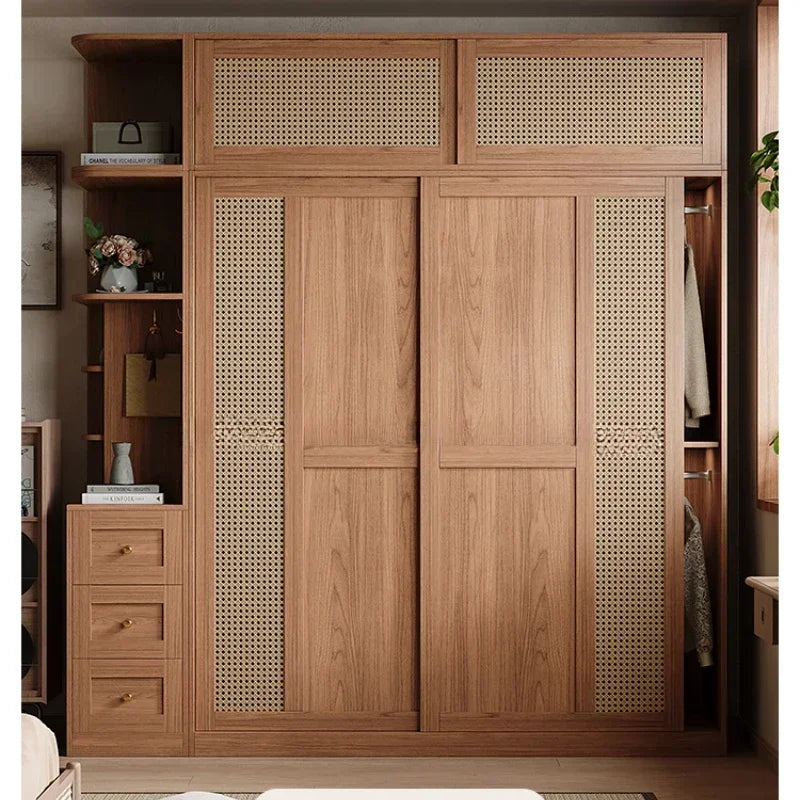 Rattan Armoire Nordic Sliding Door Large Drawers Storage Closet