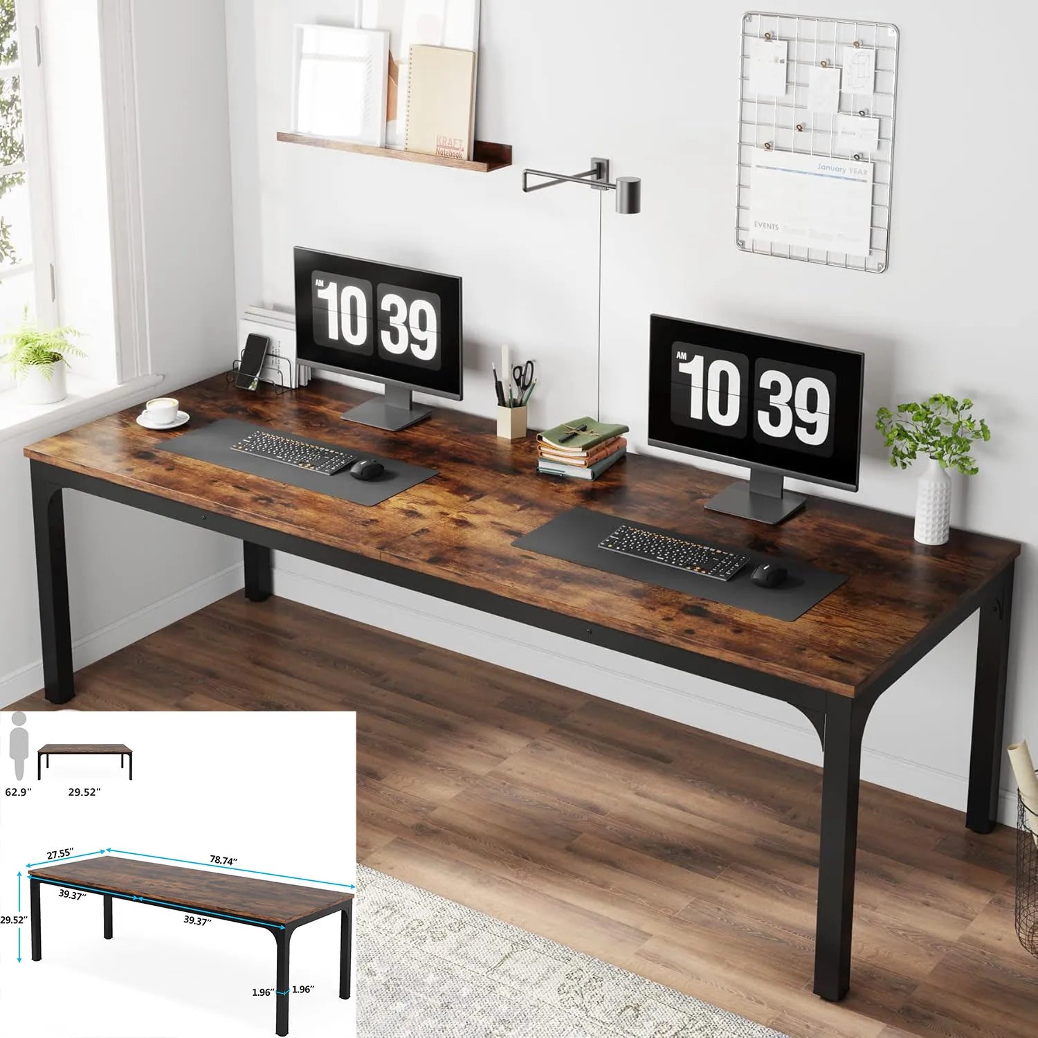 Computer Desk, Double Long Desk with 2 Drawers
