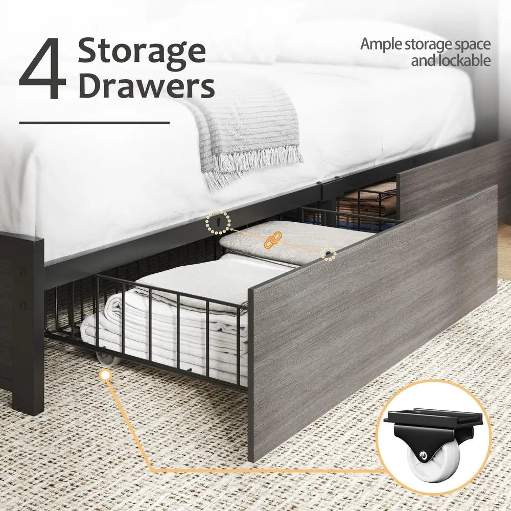 Queen Bed Frame with Storage Headboard, Wooden Bed with High Storage Bookcase, Ship in 2 Boxes, 4 Drawers amp LED amp Charging
