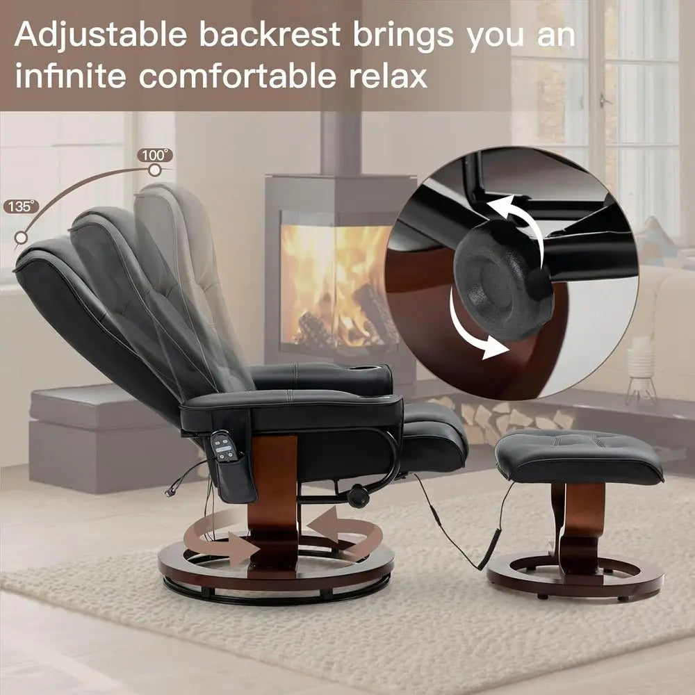 Black Leather Electric Massage Recliner with Ottoman and Swivel Lounge Chair for Relaxation in Living Room, Office, and Bedroom