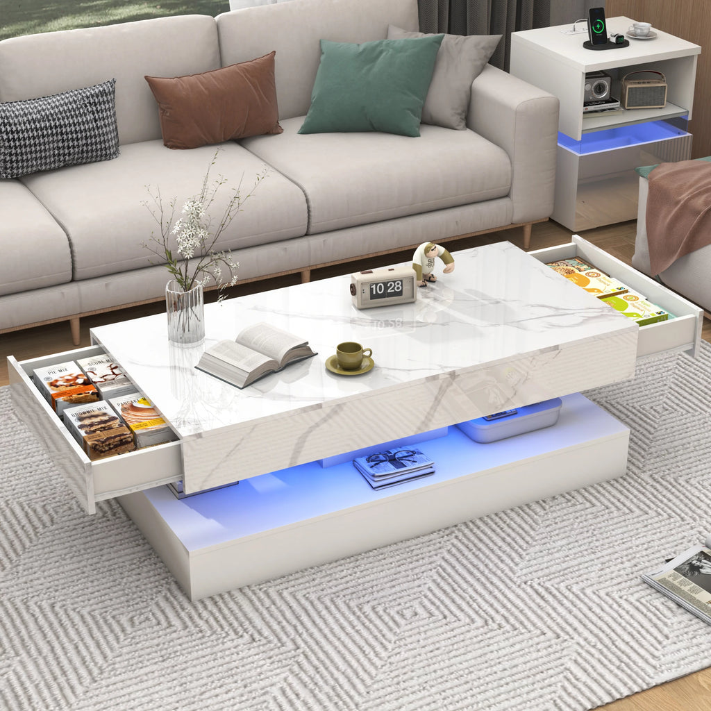 Modern Coffee Table, LED lights, Double-Layer Design