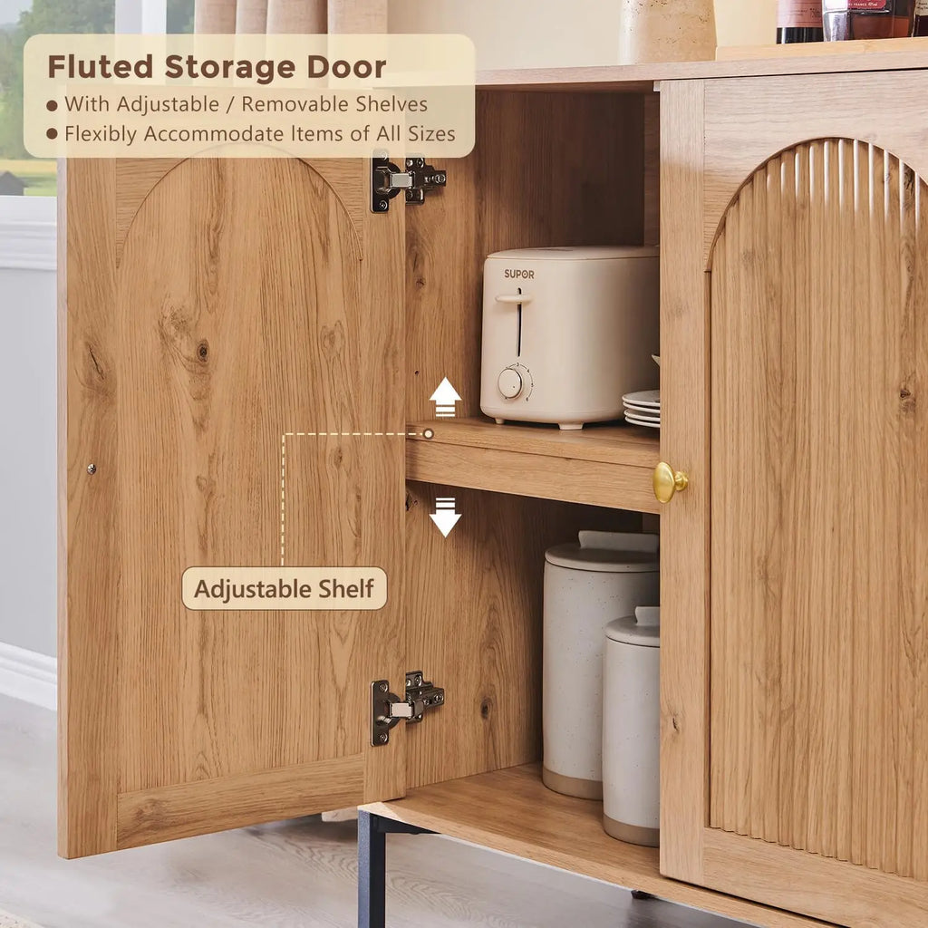 Natural Wide Fluted Arched Wooden Buffet Sideboard Cabinet