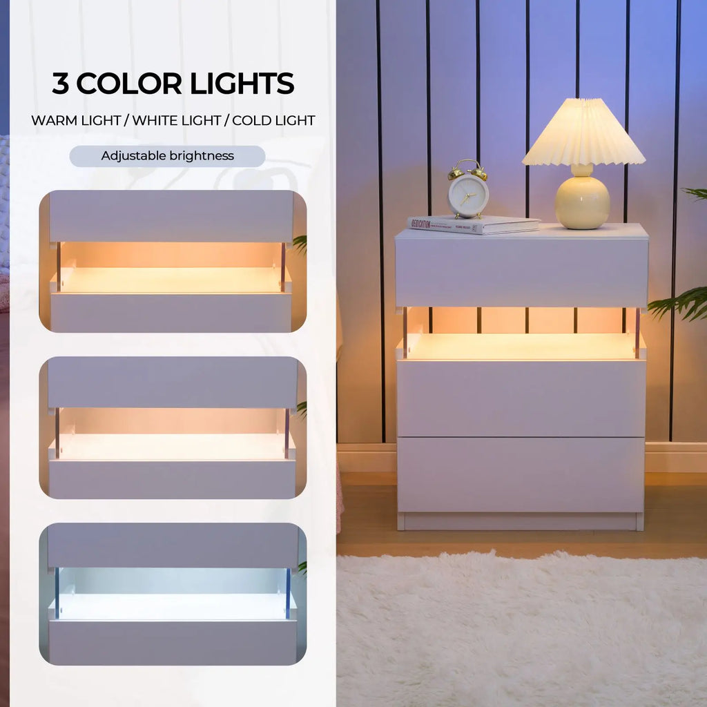 Bedside Tables with LED Lighting 3 Drawers