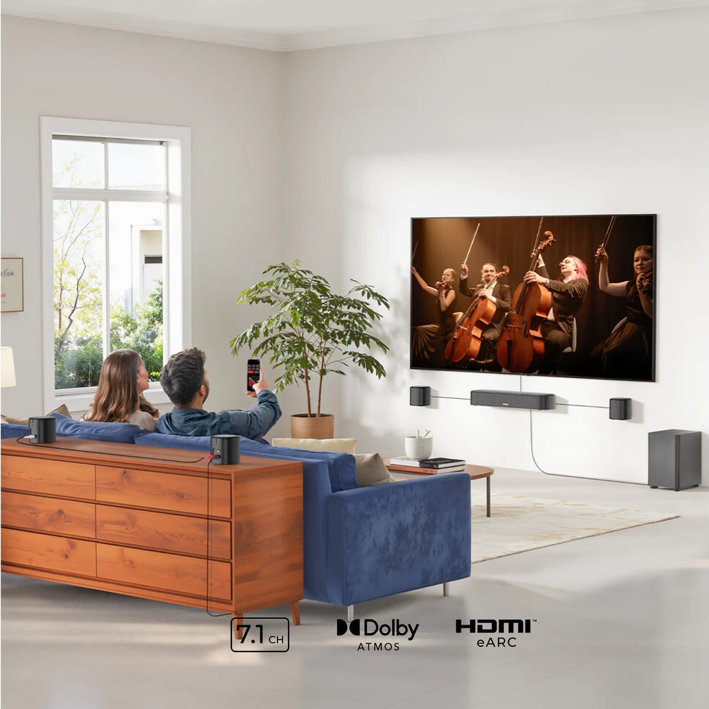 ULTIMEA Aura A60 7.1ch Sound Bar with Dolby Atmos Surround Sound System for TV with 4 Black Surround Speakers for Home Theater