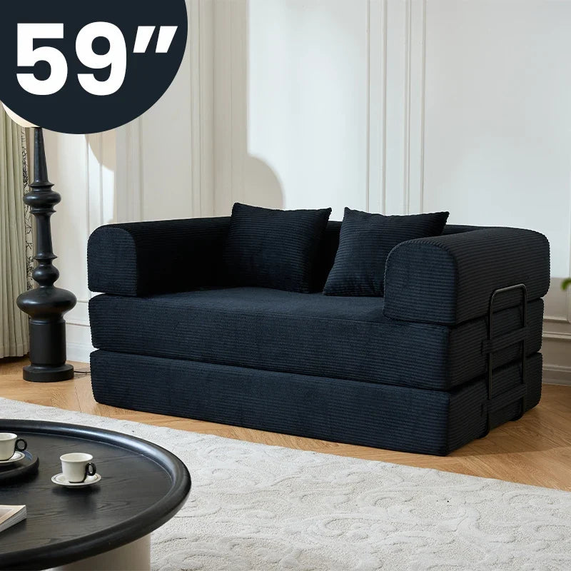 59" Boneless Folding Convertible Sofa Bed, Small 2-Seater Corduroy Futon Floor Couch