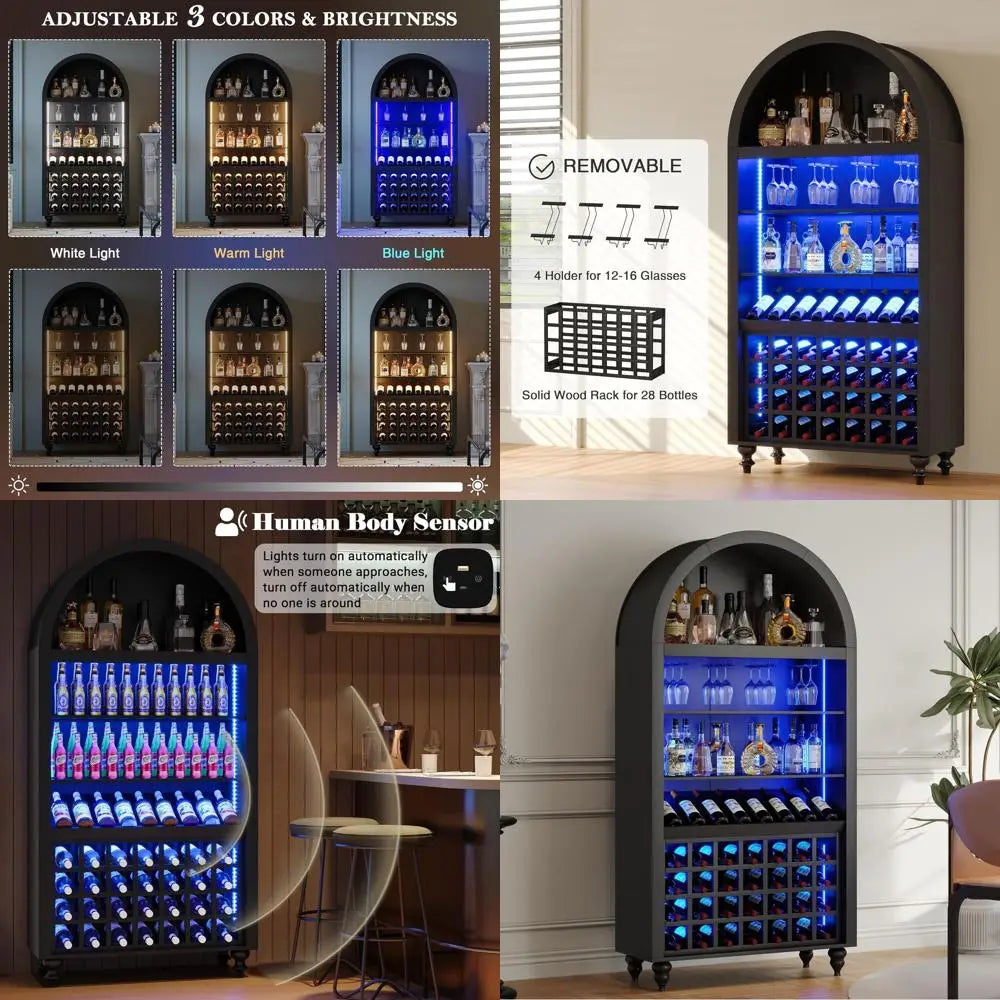 Arched Wine Bar Cabinet with Racks, Glass Holder, LED Lights, Charging Ports for Kitchen