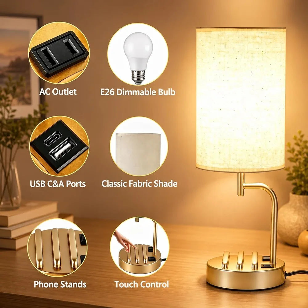 Touch Control USB Table Lamp with USB C/A & AC Outlet,