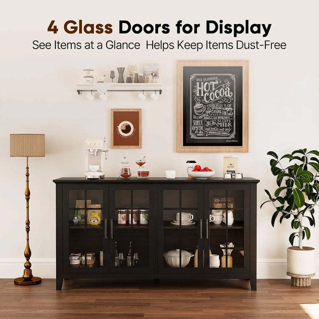 63'' Buffet Cabinet with Glass Doors, Farmhouse Storage Cabinet with Adjustable Shelf, Modern Sideboard Table, Customized