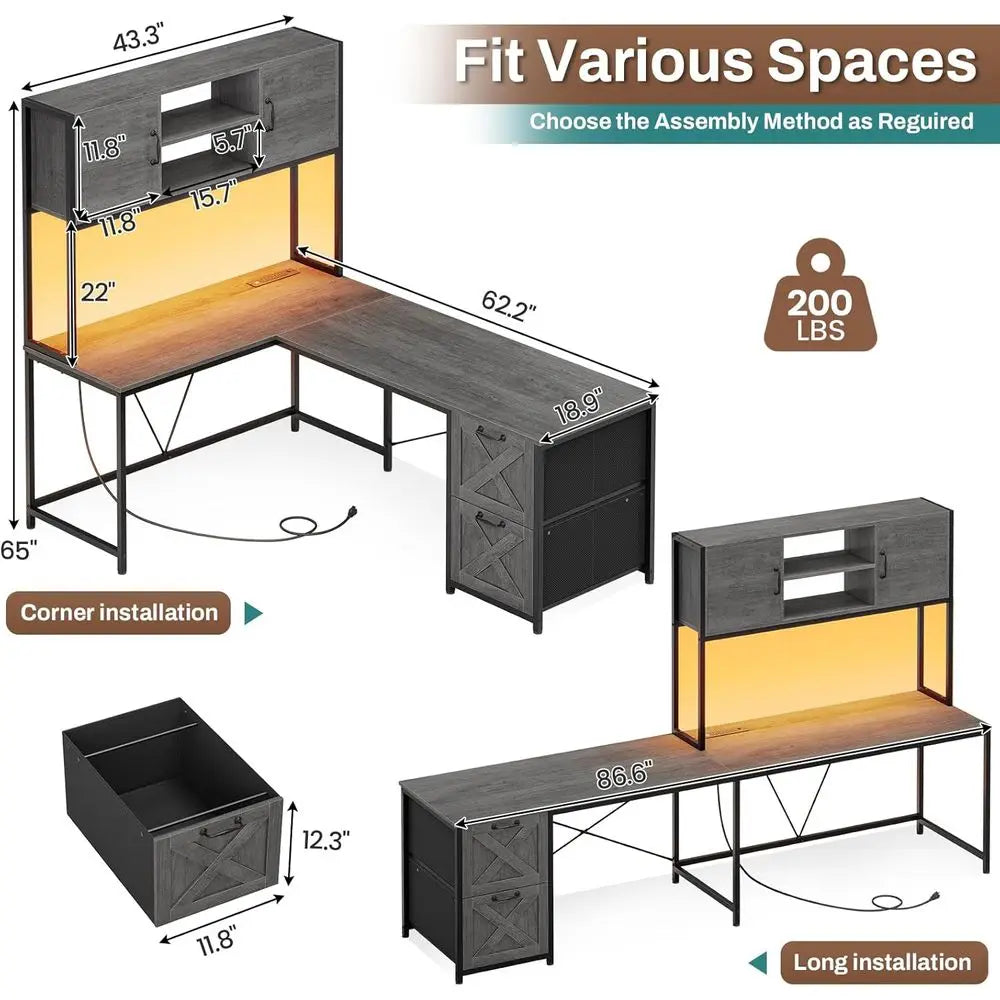 Grey L-Shaped Gaming Desk with Fabric Drawers, Power Outlet, LED Lights, Hutch